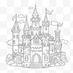 城堡素描图片_童话城堡着色页轮廓素描 向量