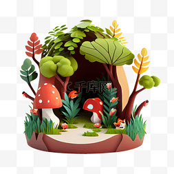 卡通树洞图片_森林可爱蘑菇3d