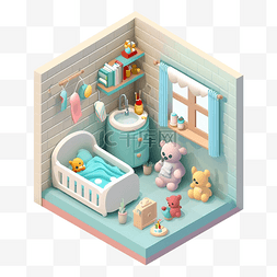 建筑立体插画图片_3d房间模型婴儿房蓝白色图案