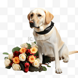 导盲犬拉布拉多犬与鲜花花束