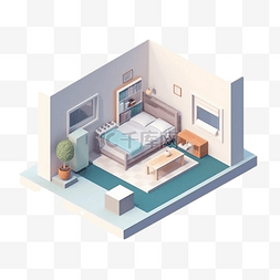 3d房间模型白色等距卧室立体