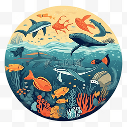 卡通鲨鱼海底生物图片_海洋日彩色海底