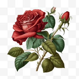 红色植物花朵绿叶图片_玫瑰花红色插画