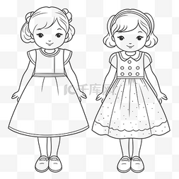 两个穿着连衣裙的小女孩着色页轮