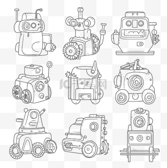 在白色背景轮廓草图上隔离的机器人的各种线条图的详细图 向量