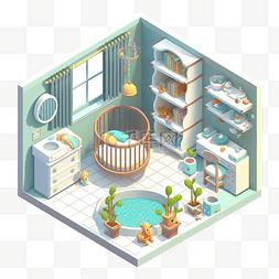 建筑楼梯插画图片_3d房间模型婴儿房浅绿色可爱图案