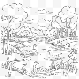 湿地森林图片_森林中的天鹅和河流着色页轮廓素