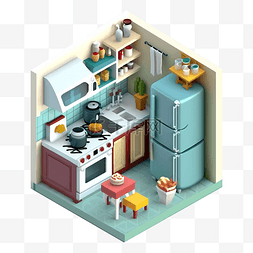 3d房间模型厨房深蓝色图案
