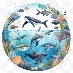 清澈海水图片_海底海豚海洋日蓝色插画