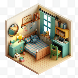 家具电器插画图片_房间模型3d蓝绿色图案