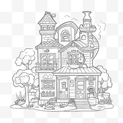 白墙黑瓦房子图片_可爱的房子轮廓素描的卡通着色页