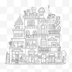 手绘城市线描图片_山上的城市房屋手绘线条艺术轮廓