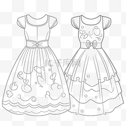 两件连衣裙在黑白轮廓素描中着色