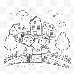 两个孩子在背景轮廓草图上用房子