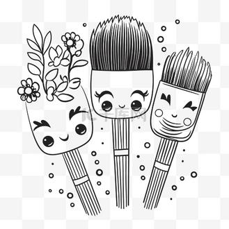 手工制作的三支画笔,展示笑脸和花朵轮廓素描 向量