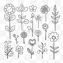 黑白轮廓素描中的一组涂鸦花设计