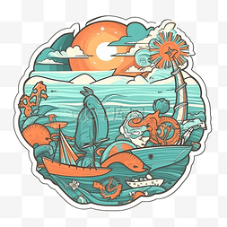 海洋日唯美日落海洋插画