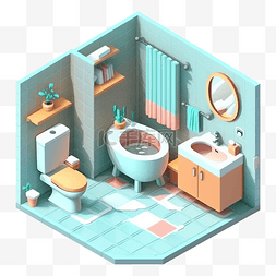 卡通电商几何图片_3d房间模型浴室浅绿色图案