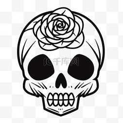 黑白线描骷髅图片_头骨是黑白相间的，上面有一朵玫