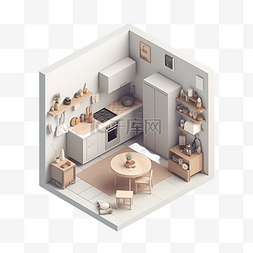 房屋建筑图卡通图片_3d房间模型建筑厨房餐厅