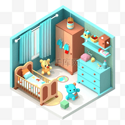 3d房间模型婴儿房蓝绿色图案