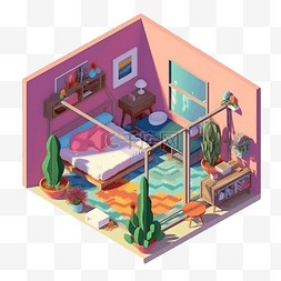 室内立体装饰图片_3d房间模型紫色彩色立体