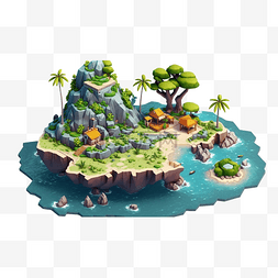 25d等距图片_海上的岛屿别墅棕榈树25d模型游戏