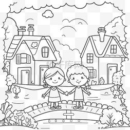 自然环境线条图片_房子里的两个孩子着色页轮廓素描