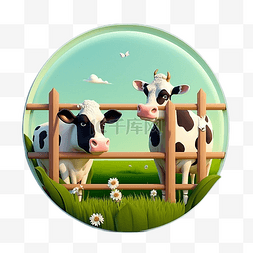 卡通草原奶牛图片_奶牛草地牧场圆形立体