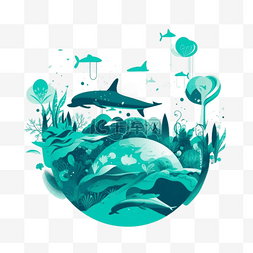 海洋日海豚绿色插画