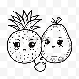 线描菠萝图片_两个卡通桃子和菠萝着色页轮廓素