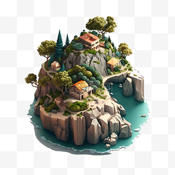 游戏风景图片_海上的岛屿风景树叶等距风格25d游