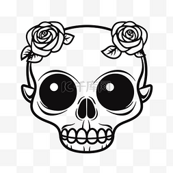 头骨与玫瑰和玫瑰帽子着色页轮廓