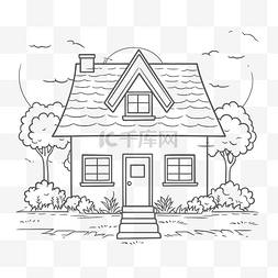 门白色的窗图片_家庭着色页与简单的房子草图轮廓