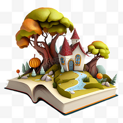 童话故事书树木房子插画