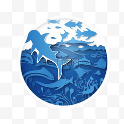 蓝色圆形海浪图片_海洋日鲸鱼浪花圆形剪纸