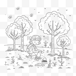 儿童种植图片_坐在地上的女孩在大自然中着色卡