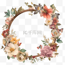 花纹相框插画图片_圆形相框鲜花树叶透明