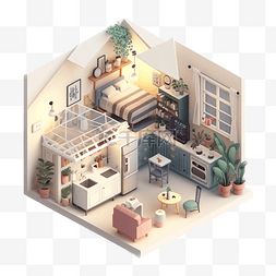 住宅内部模型图片_起居室厨房插画