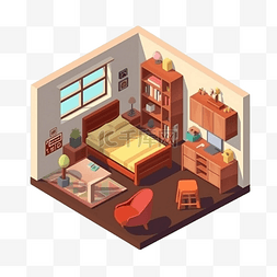 室内模型床图片_3d房间模型褐色地板床立体