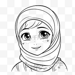 女孩素描图片_伊斯兰女孩着色页与围巾轮廓素描