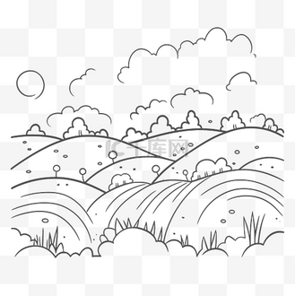 非常简单和美丽的田野和山丘轮廓素描画 向量
