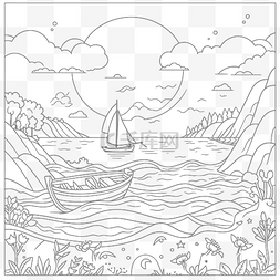 水与船和树的绘制轮廓草图 向量