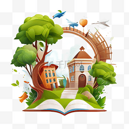 蓝色书本背景素材图片_学校书本大树拱桥背景
