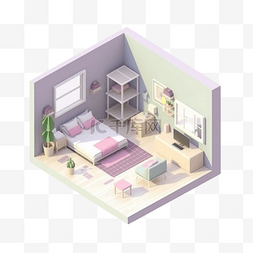 品红紫色图片_3d房间模型淡紫色黄色地板立体