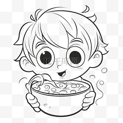 饥饿的男孩喝汤着色页轮廓素描 