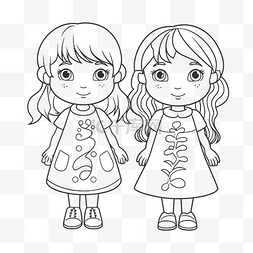 两个小女孩素描图片_两个穿着裙子的小女孩着色页轮廓