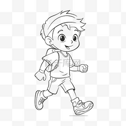 卡通男孩奔跑着色页轮廓素描 向
