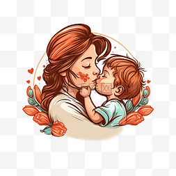 卡通插画花卉植物妈妈亲吻孩子母