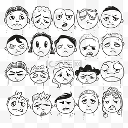 悲伤的面孔图片_绘制许多不同的情绪轮廓素描 向